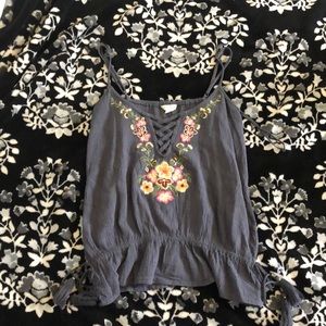 grey embroidered floral shirt with tassels